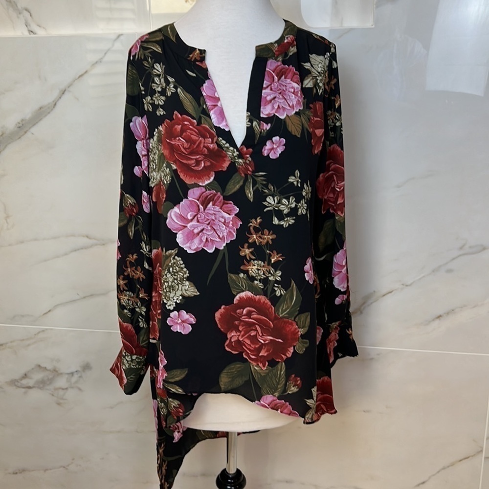 CATHERINE MALANDRINO Black Floral Tunic Top Size S
